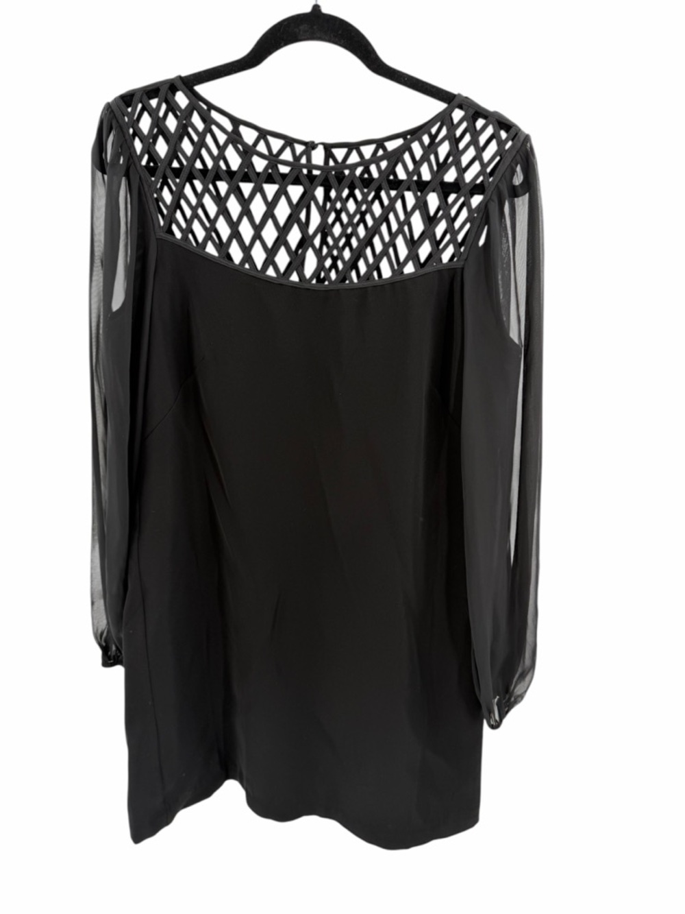 WHBM SZ 12 Lattice Yolk Shift Dress Sheer Balloon Sleeves Professional Mini LBD
